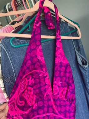 Vintage 1970s Hawaii Nei pink/purple psychedelic print halter maxi dress